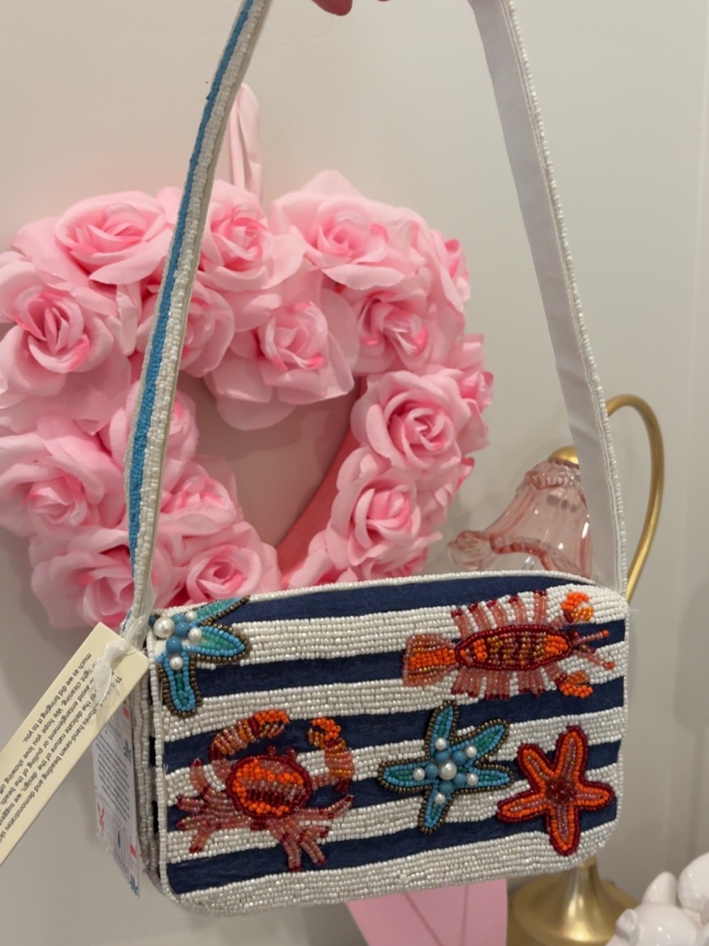 Beaded Nautical Crossbody Bag with Ocean Motifs - Blue & White